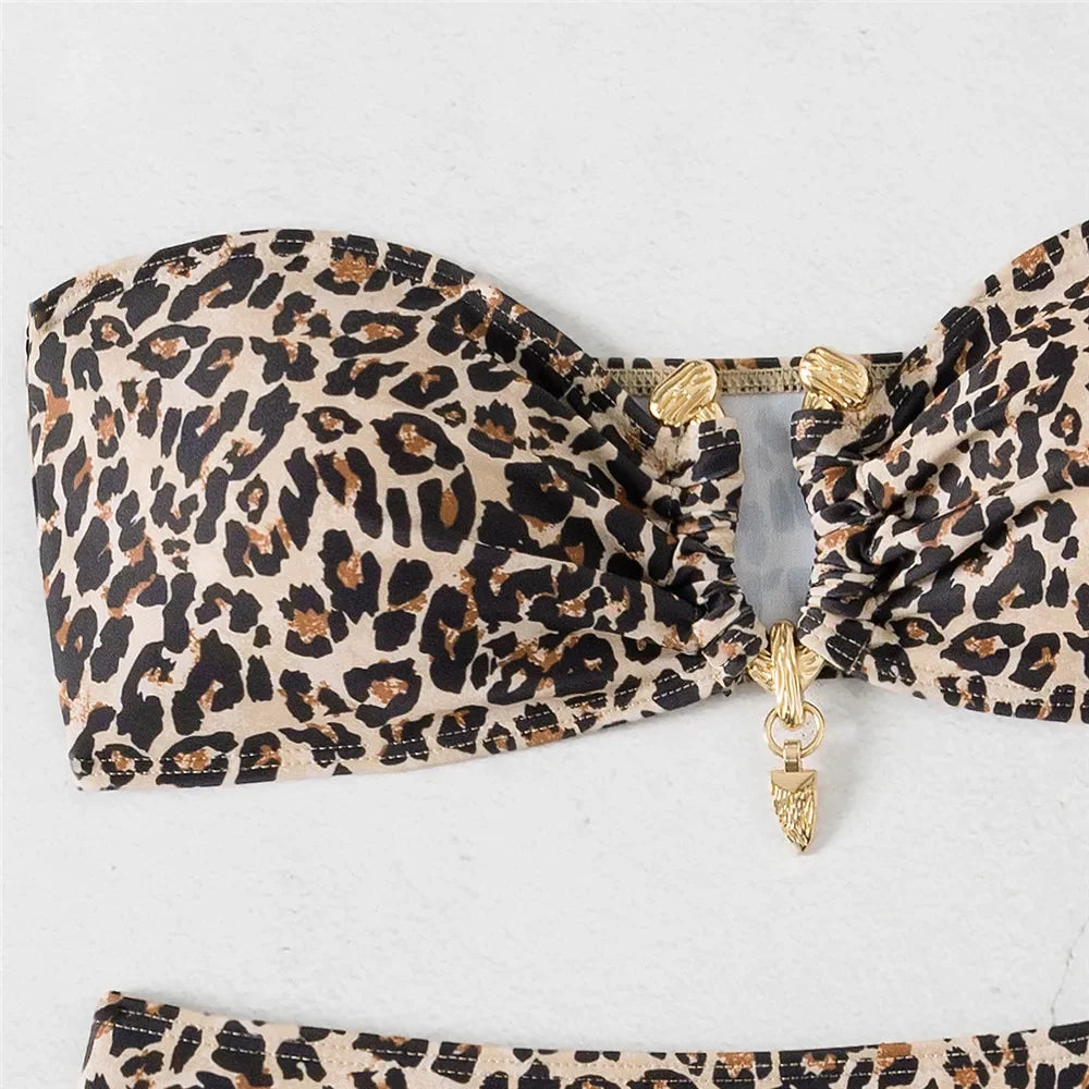Leopard Print Swimwear Bandeau Bikinis Sets Sexy Swimsuit Women Metal Ring Wrinkled Bathing Suit Brazilian Bikini 2025 Mujer
