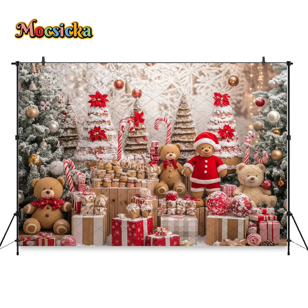Mocsicka Christmas Gift Room Background for Winter Kid Photography Xmas Tree Gingerbread Man Snowy Backdrop Decor Photo Studio