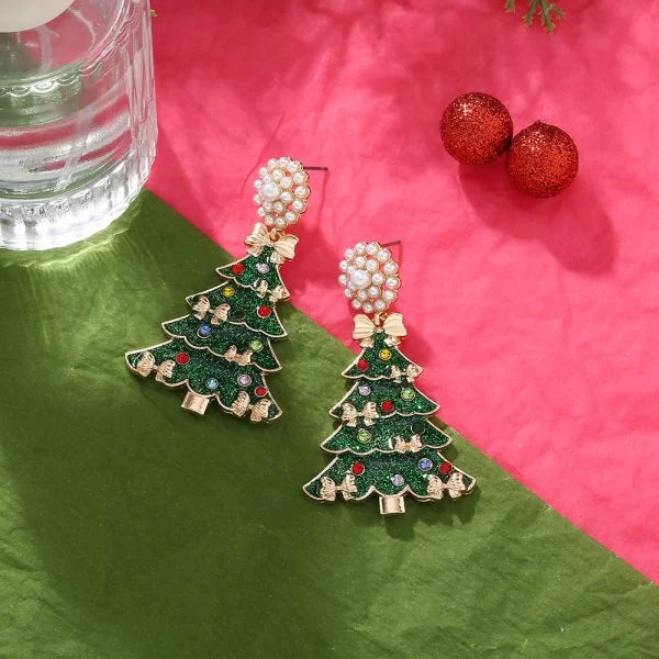 Green Christmas Tree Zircon Crystal Star Earrings Stud For Women Dangle Xmas Party Jewelry Party Gift