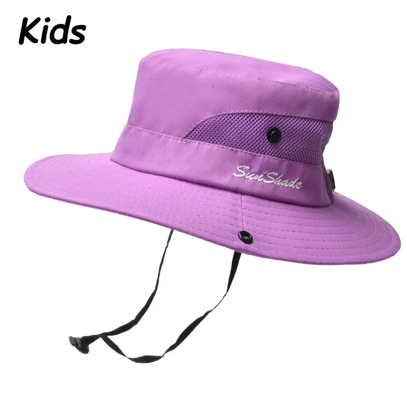 Women Summer Adjustable Bucket Hat with a Ponytail Hole Girls Sun Protection Hiking Cap Parent-child Outdoor Wide Brim Headgear