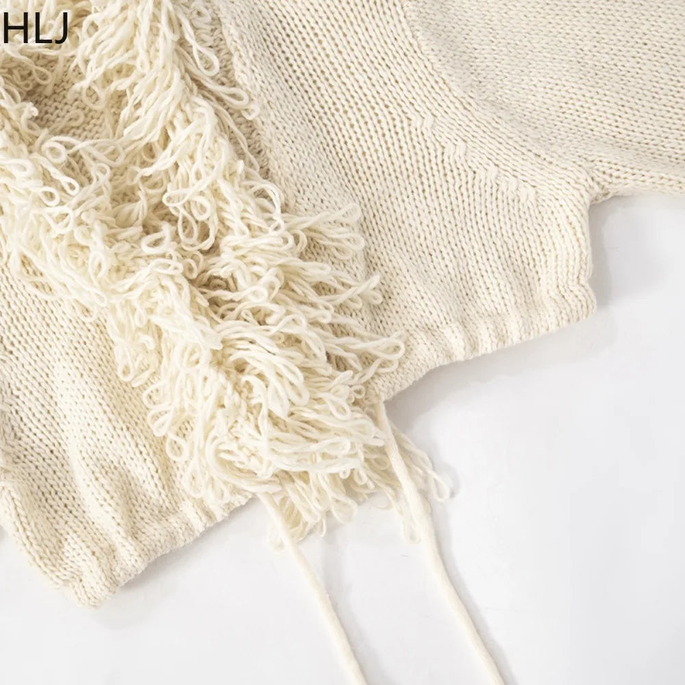 HLJ Sexy Knit Tassels 2 Piece Sets Woman Outfit Long Sleeve Lace-Up Cardigan Tops + Mini Skirts Suits Female Streetwear Clothing