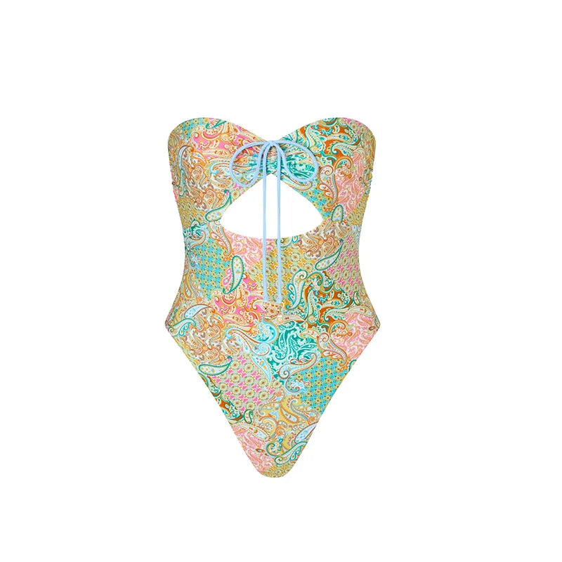 Beach Printed Bikini Skirts Set Women's Sexy Backless Sleeveless Lace-up Swimwear Long Skirt 2025 Summer New Lady Vacation Suit