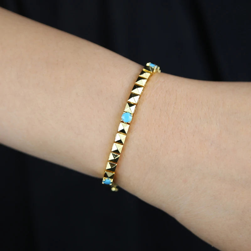 High Quality Simple Geometric Women Jewelry Fashion Gold Color White CZ Blue Turquoises Beaded Chain Bracelet Necklace
