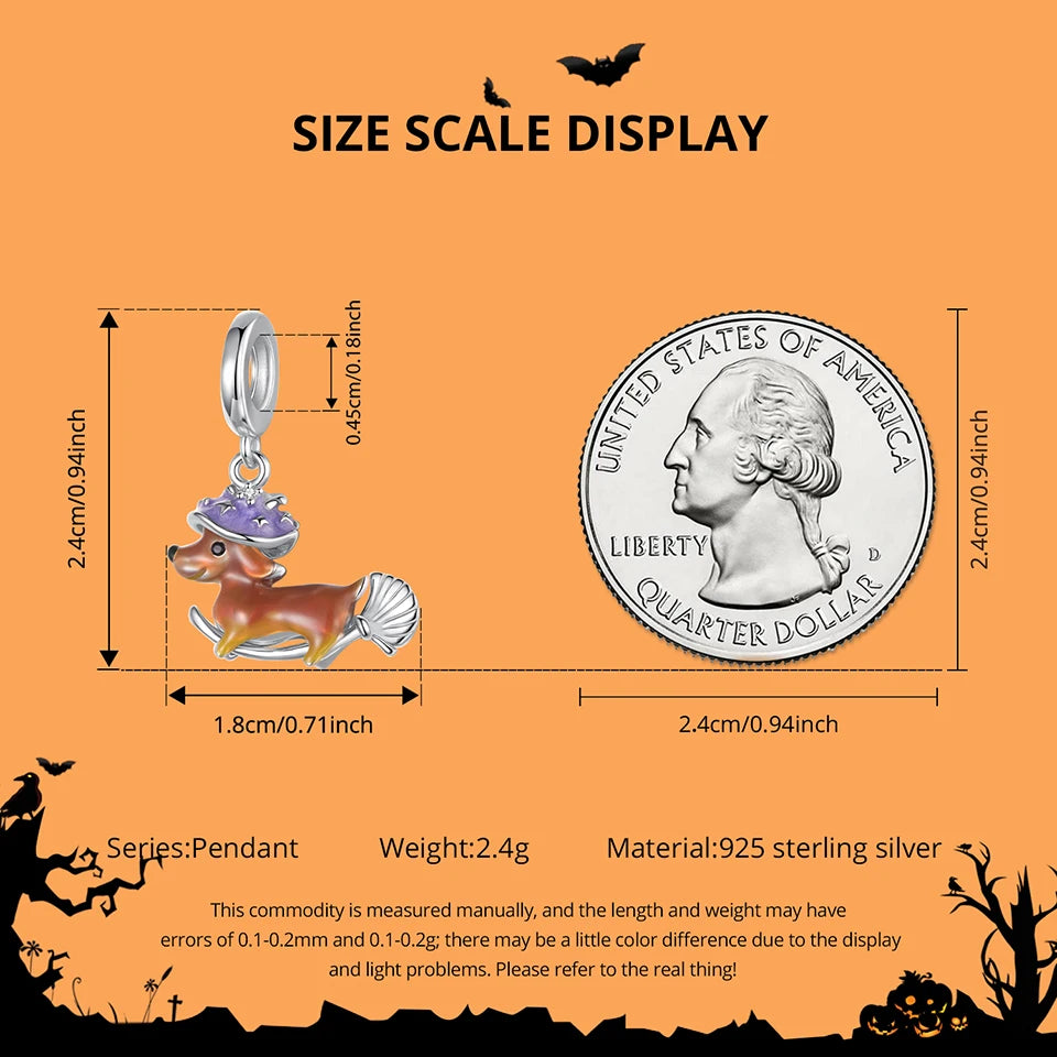 BISAER 925 Sterling Silver Halloween Skull & Pumpkin Charm Bead Pumpkin Cat Magic Crystal Pendant for Women DIY Bracelet Jewelry