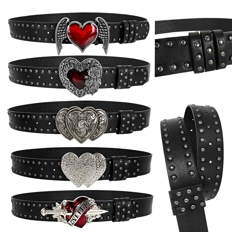 Unisex Jeans Belt sword red heart Gothic Y2k Fashion Belts For Women Designer Luxury Black Rivet Punk Accessory Men's Belt Male