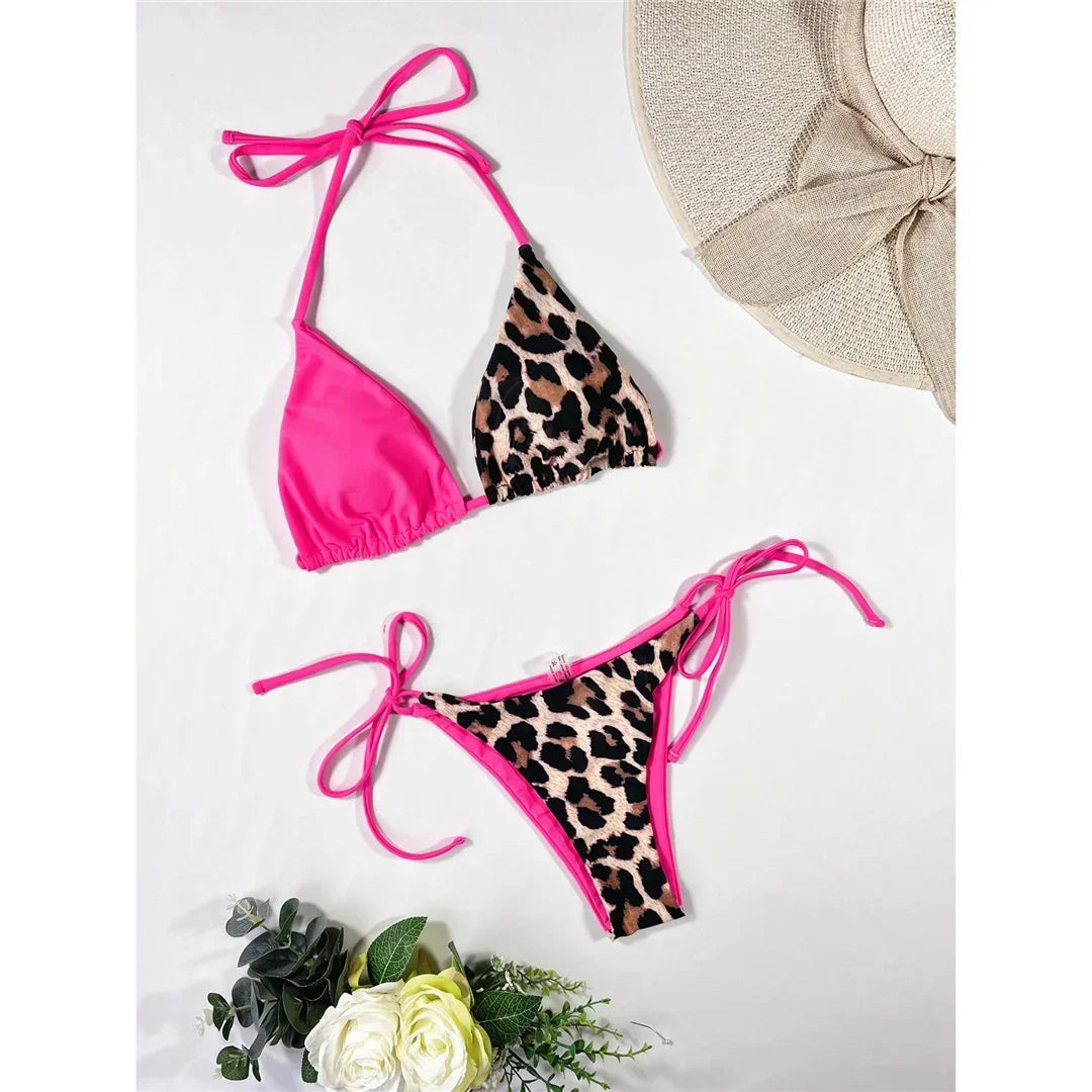 Halter Splicing Leopard Bikinis 2025 Satin Bikini Female Swimsuit Women Swimwear Two-pieces Bikini Set Micro Bathing Suit Swim