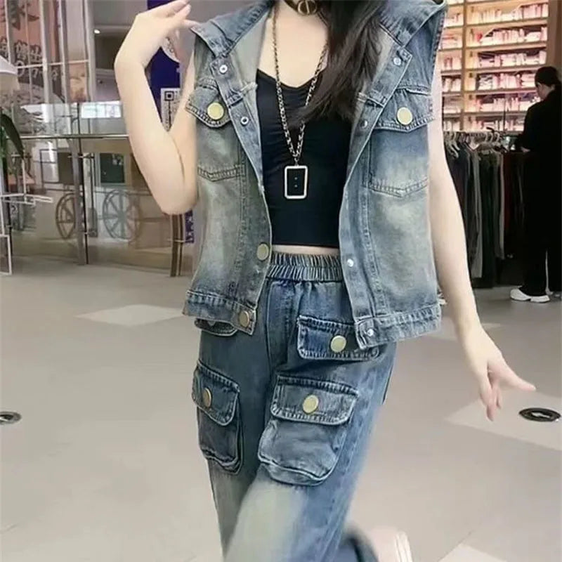 Fashion Fashion Backless Hooded Denim Vest 2025 Spring Summer Autumn New Korean Women's Vest Jacket Sleeveless Denim Jacket Top