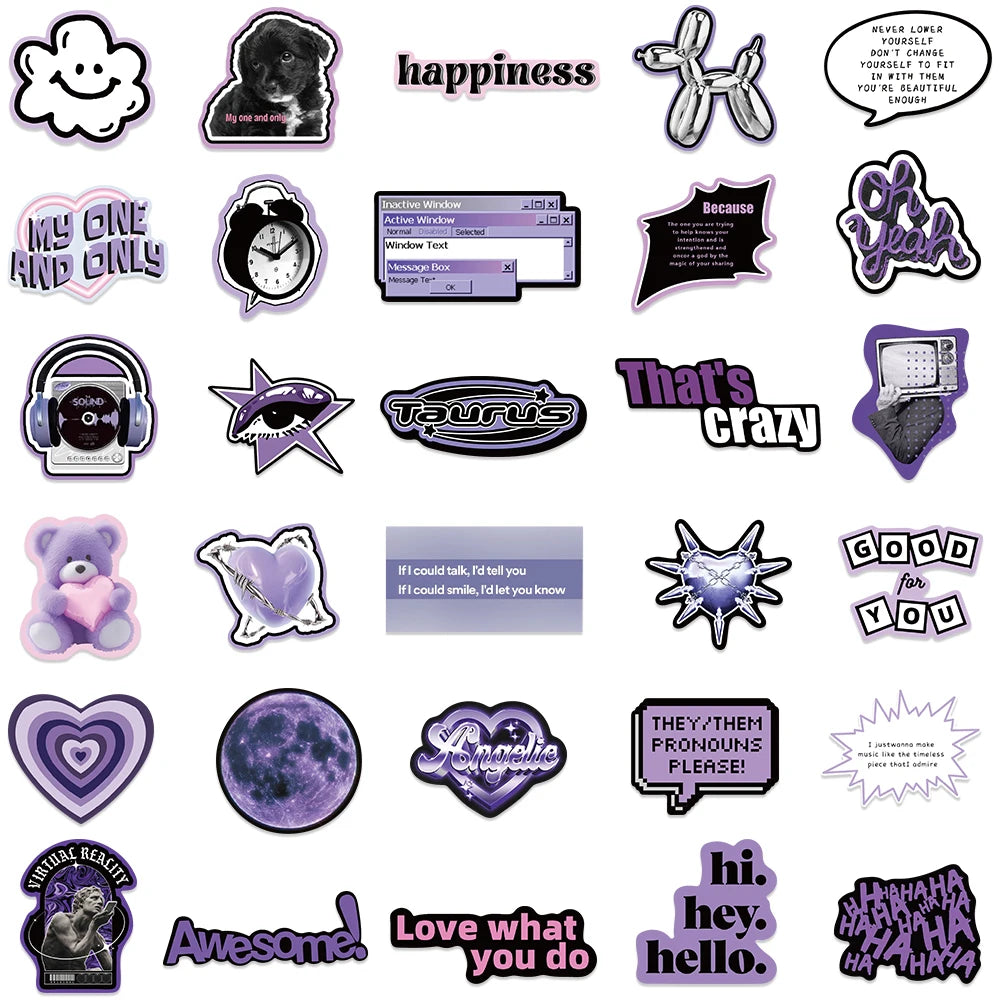 60PCS Y2k Dark Purple Cool Girl Stickers Decal DIY Decoration Suitcase Scrapbooking Phone Laptop Stationery Cute Kid Toy Sticker