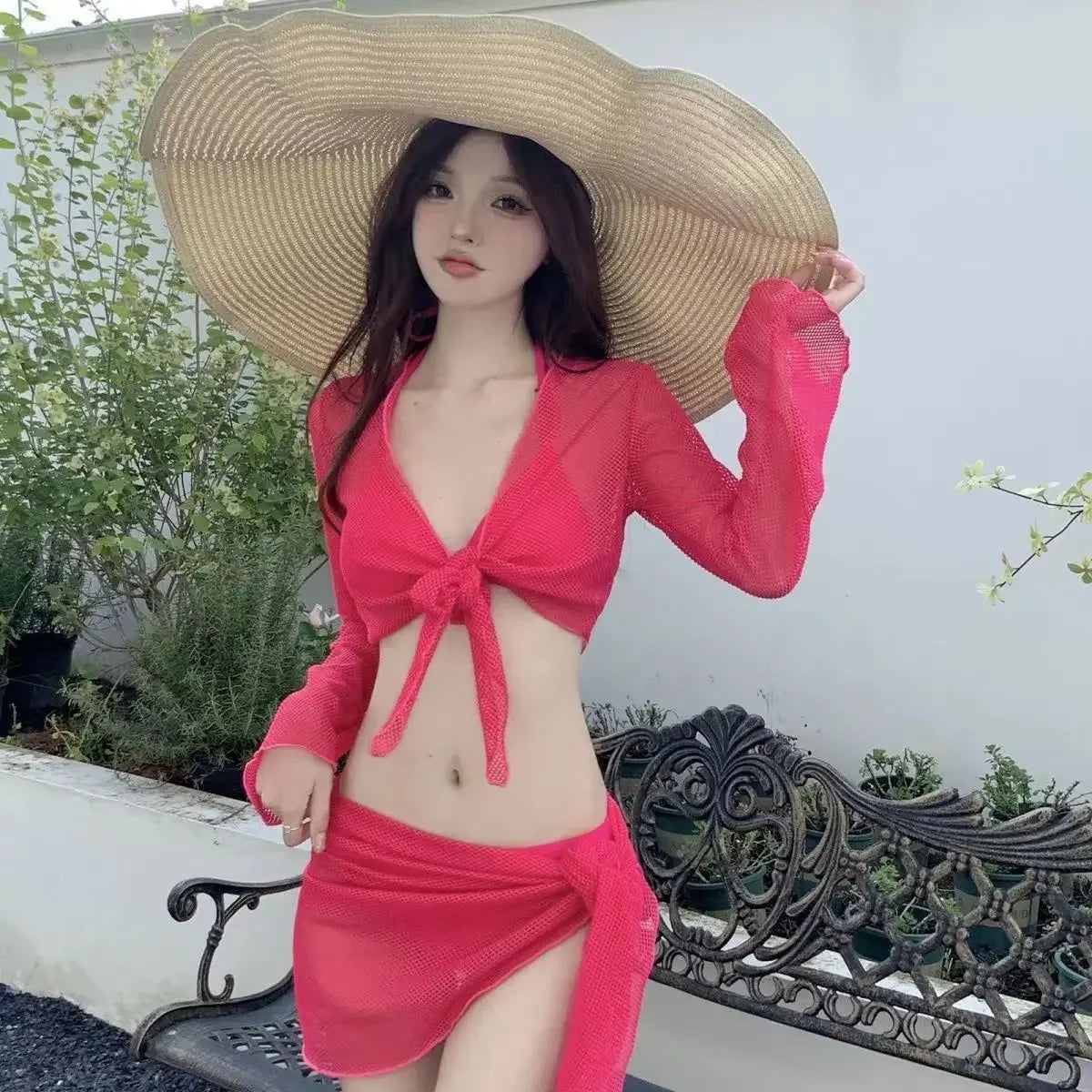 Sexy 4 Piece Lace Up Bikinis Set Women Swimsuit Solid Long Sleeve Cover Up with Skirt Swimwear New Push Up Bathing Suit Bikini