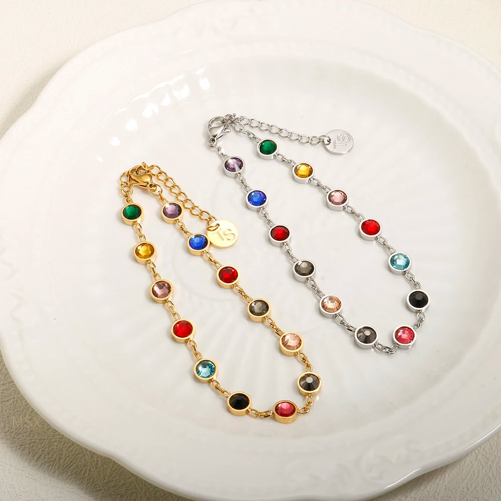 JINHUI Colorful Bejeweled Bangle Popularity TS Stainless Steel Bracelets for Women 12 Birthstones Rainbow Crystal Chain Jewelry