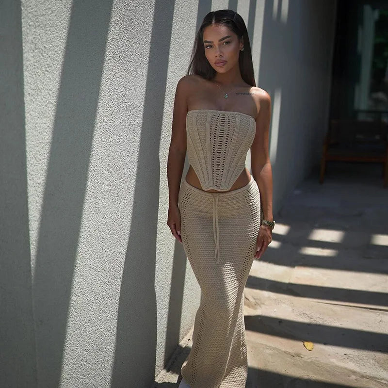 Knitted Beach Suit Women Sexy Backless Long Skirt and Top Set Summer Lace-up 2 Pieces Skirt Set Bikini Cover ups 2024 Beachwear