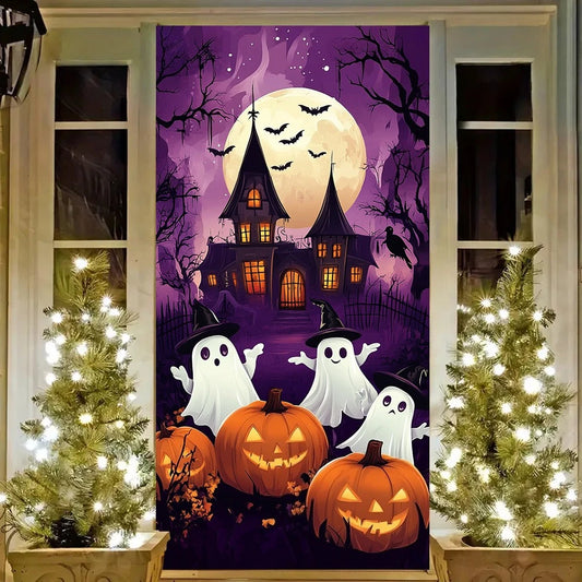 2D FLAT banner background fabric banner Party decoration Halloween door frame Pumpkin and bat pattern, party decoration banner