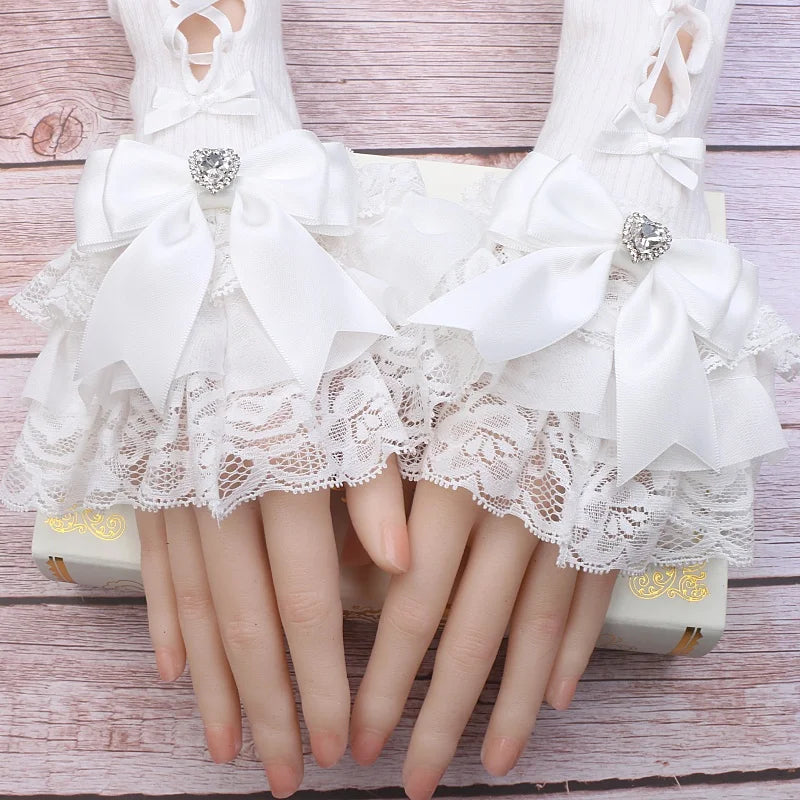 Handmade Sweet Women's Lolita Mine Lace Bow Rhinestone Oversleeves Girls Japanese Style Lace Sleeves Mittens