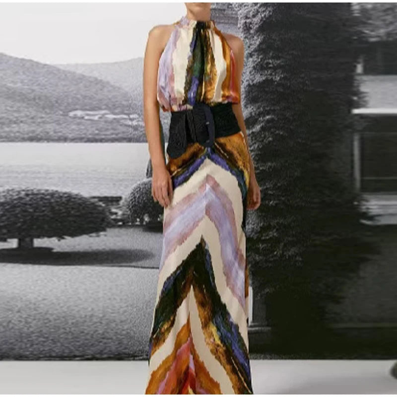 Painterly Print Satin Co-ord Set Sleeveless High Neck Crop Top Slim Fit Maxi Skirt Women's Elegant Chic Party Evening Outfit