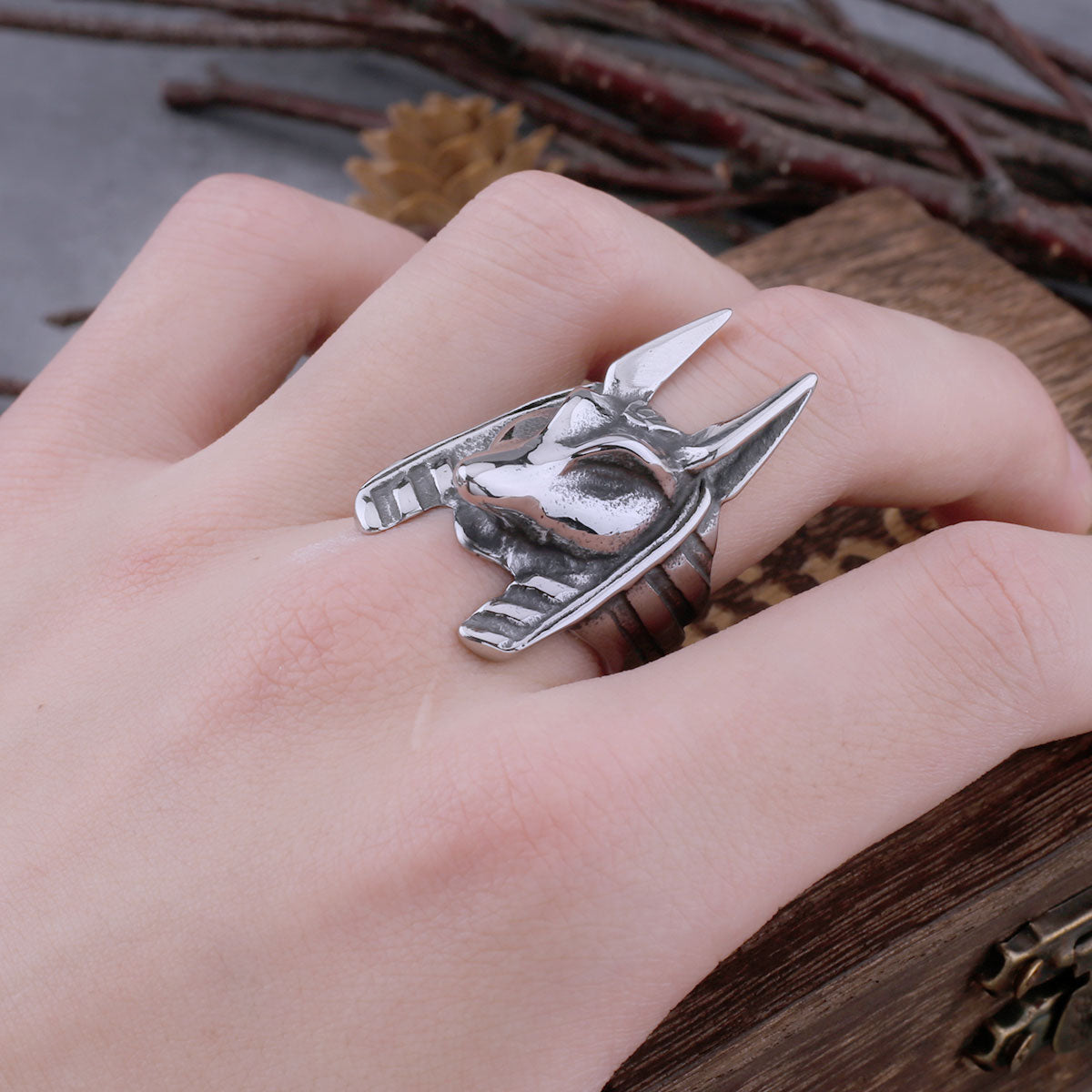 Stainless Steel Vintage Egyptian God Anubis Ring For Men Egyptian Mythology Hip Hop Fashion Biker Ring Animal Jewelry Wooden Box