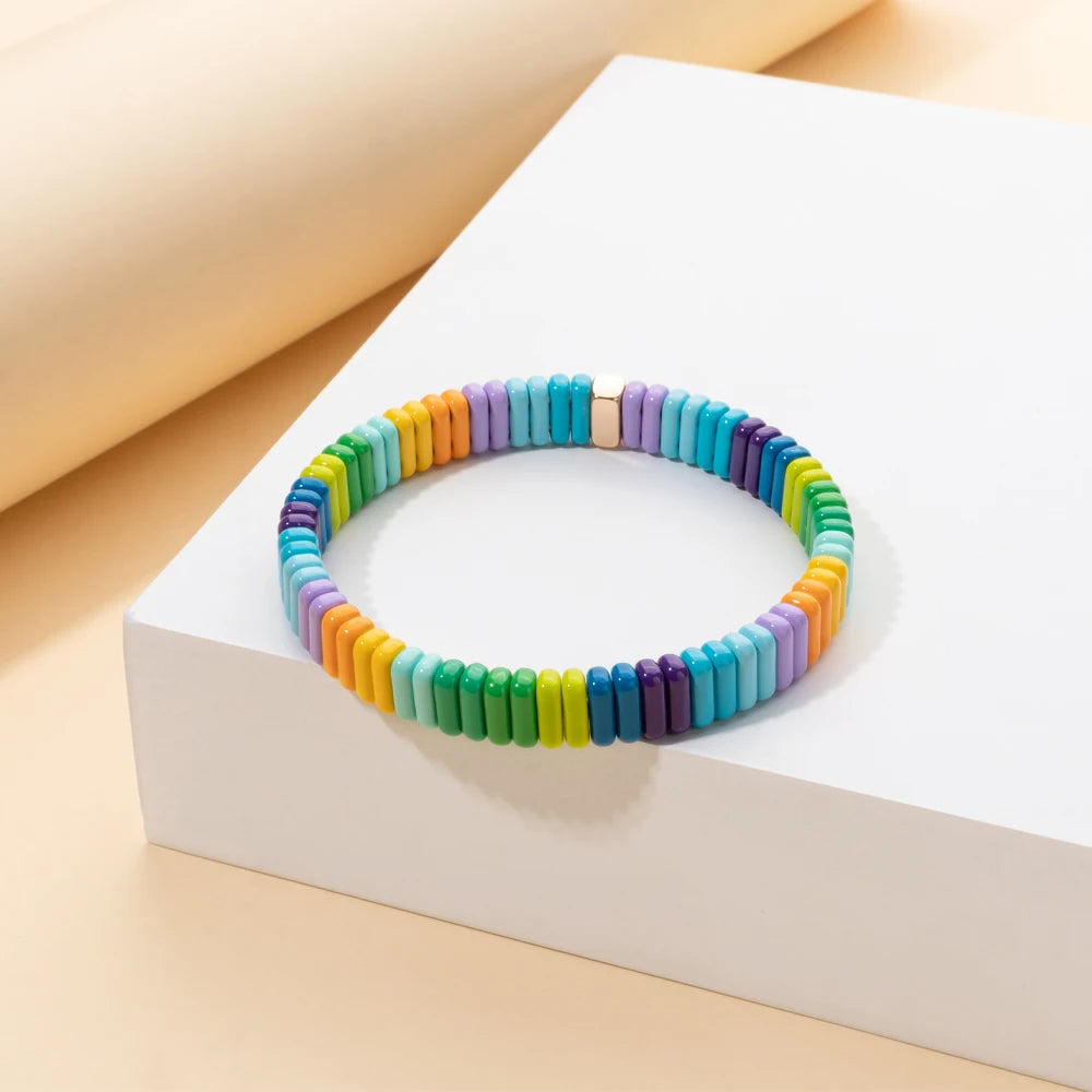 2024 New Design Elatic Rainbow Bracelets For Women 2X8MM Rectangle Beads Bracelets Bohemian Metal Bangle Colorful Jewelry