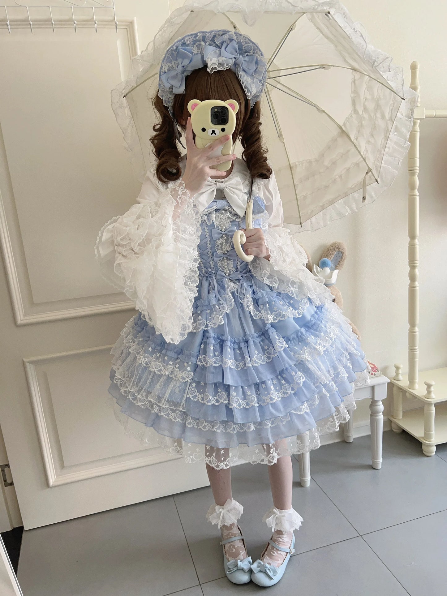 Original Design Lolita Jsk Suspender Dress Sweet Girl Women's Long Sleeve Inner Shirt Cute Princess Sling Cake Dress with Cape