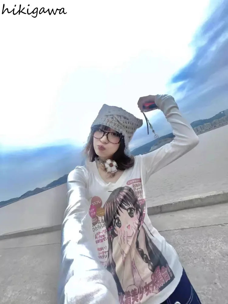 Cute T Shirt Women's Clothing Long Sleeve Slim Waist Anime Tees Y2k Tops 2025 Ropa Mujer Casual Fashion Japanese T-shirts 63c405