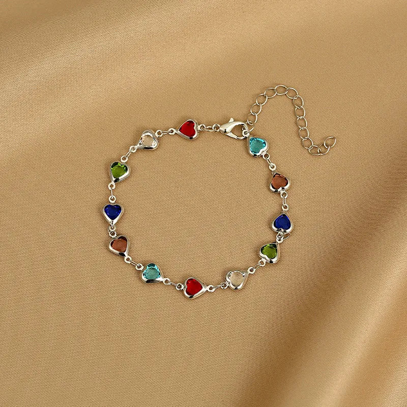 Exquisite Boho Candy Color Heart Shaped Crystal Bracelet for Women Fashion Charm Zircon Butterfly Pearl Metal Chain Bracelets