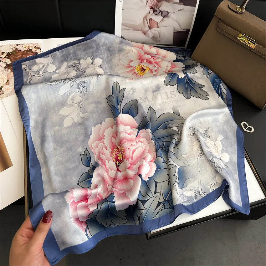 Imitated Silk Headcloth Fashion Flower Print Square Shawls Popular 70X70cm Bandanna Kerchief Sun Protection Silk Scarves Tie Bag