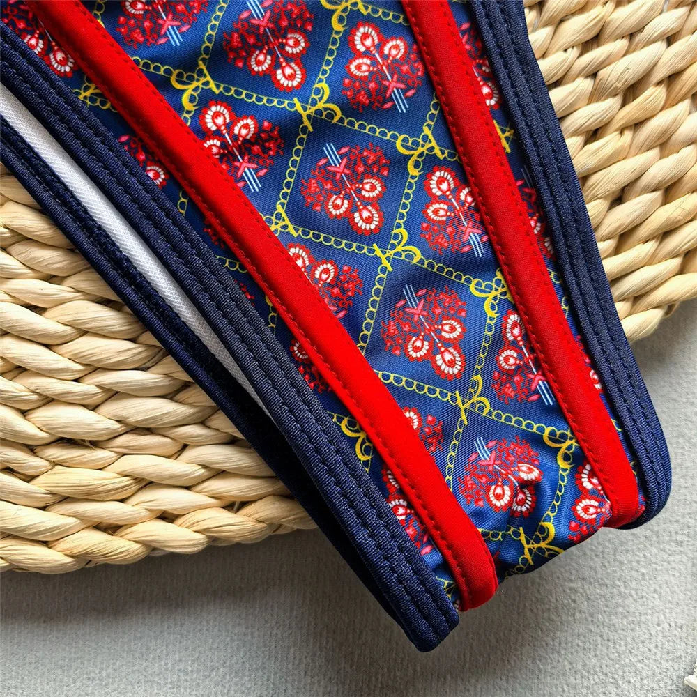 Blue Vintage Print String Thong Micro Bikini Push Up 2025 Sexy Swimsuit Women Back Knotted Swimwear Bathing Suit Bikinis Sets