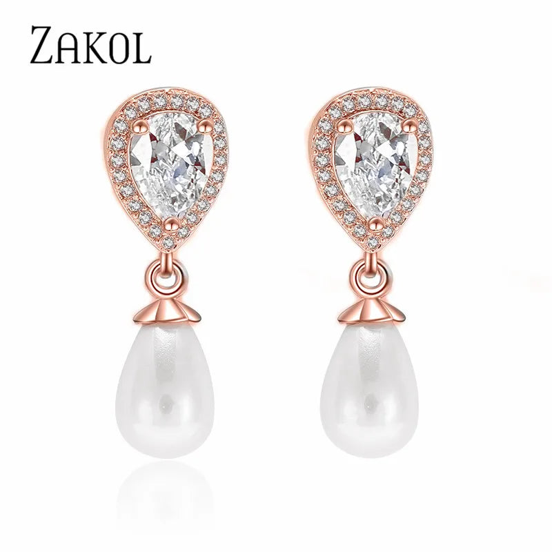 ZAKOL Fashion Imitation Pearl Dangle Earrings Luxury Jewelry for Women AAA Water Drop Cubic Zirconia Wedding Earring
