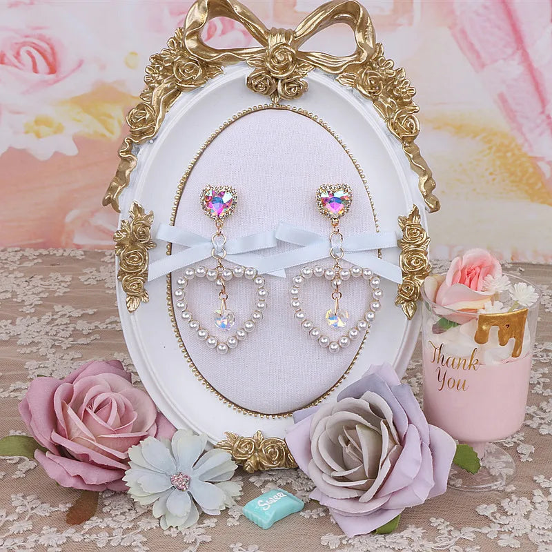 Dainty Japanese Style Women's Bow Earing Sweat Pearl Heart Earings Rhinestone Pendant Heart Earrings Accessories for Girl