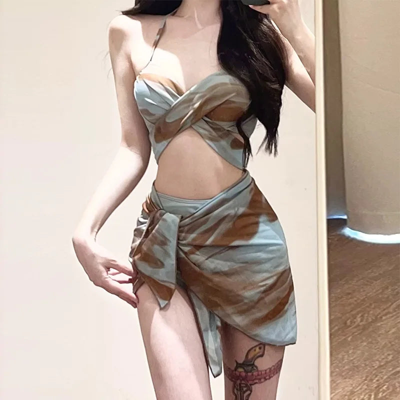 sexy Korean fashion blue tie dye print push up bikinis sets 3pcs with mesh cover skirt swimsuit sweet beach outfits biquini