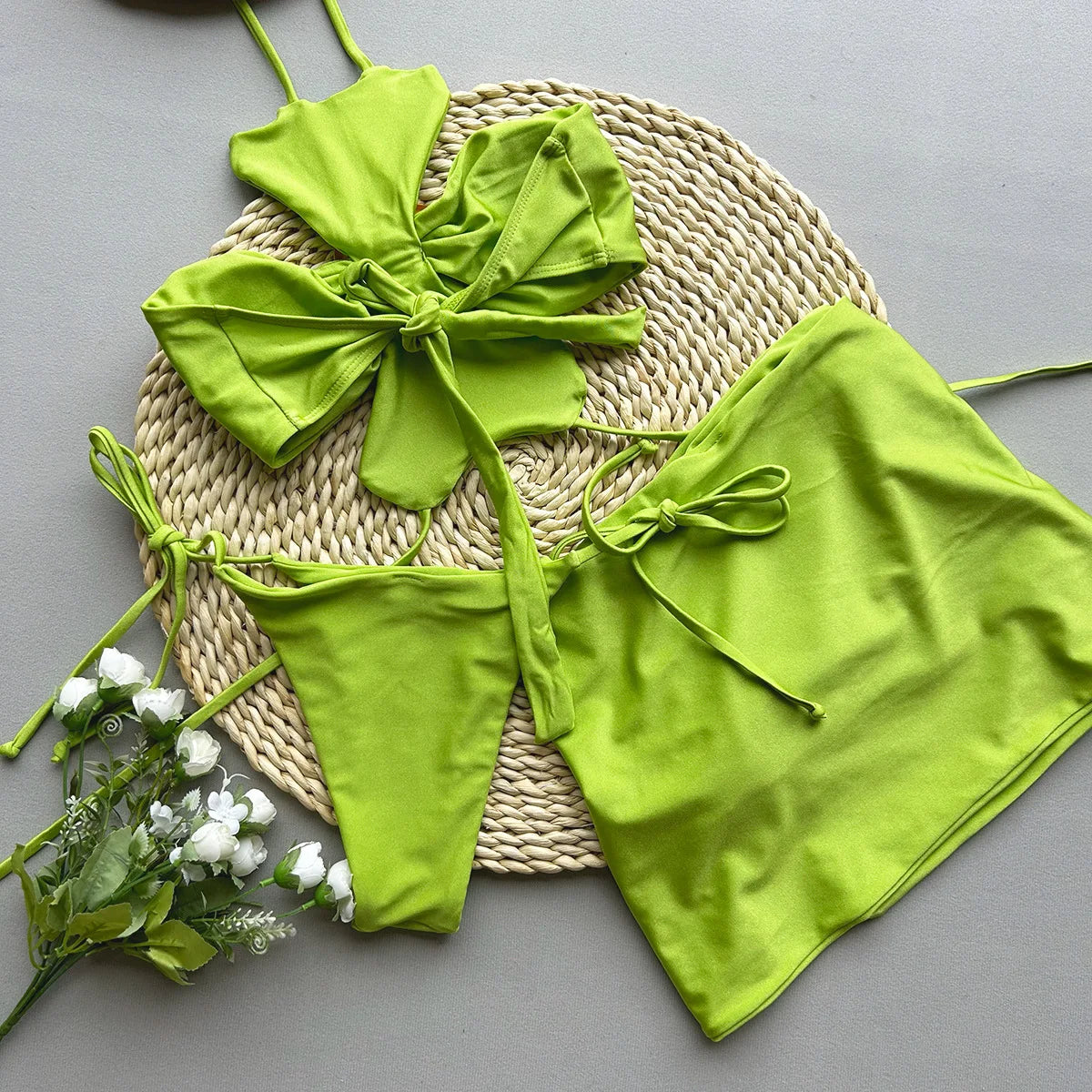 Sexy Green 3D Floral Bikinis Sets Women Halter Push Up Pleate Skirt 3 Piece Swimsuit 2025 Beach Bathing Suit Thong Swimwear