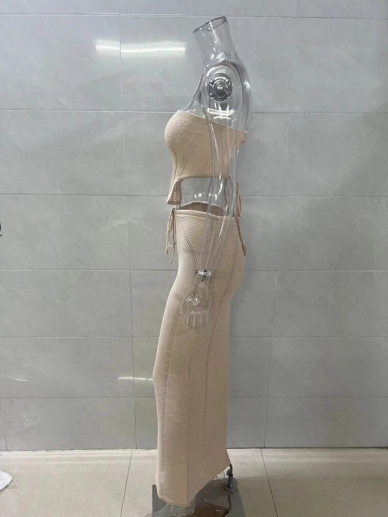 Knitted Beach Suit Women Sexy Backless Long Skirt and Top Set Summer Lace-up 2 Pieces Skirt Set Bikini Cover ups 2024 Beachwear