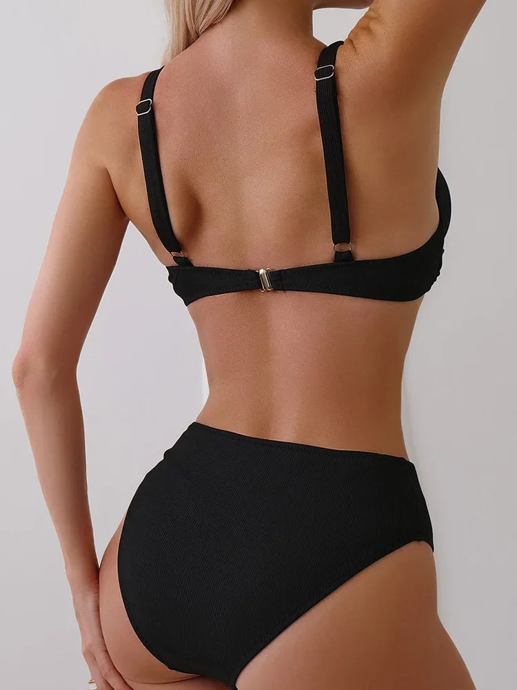 DFCF Women Split Swimsuit High Waist Beach Bikini 2025 New Summer Swimwear Bikinis Set Sexy Backless V Neck Bikini 2 Piece Set