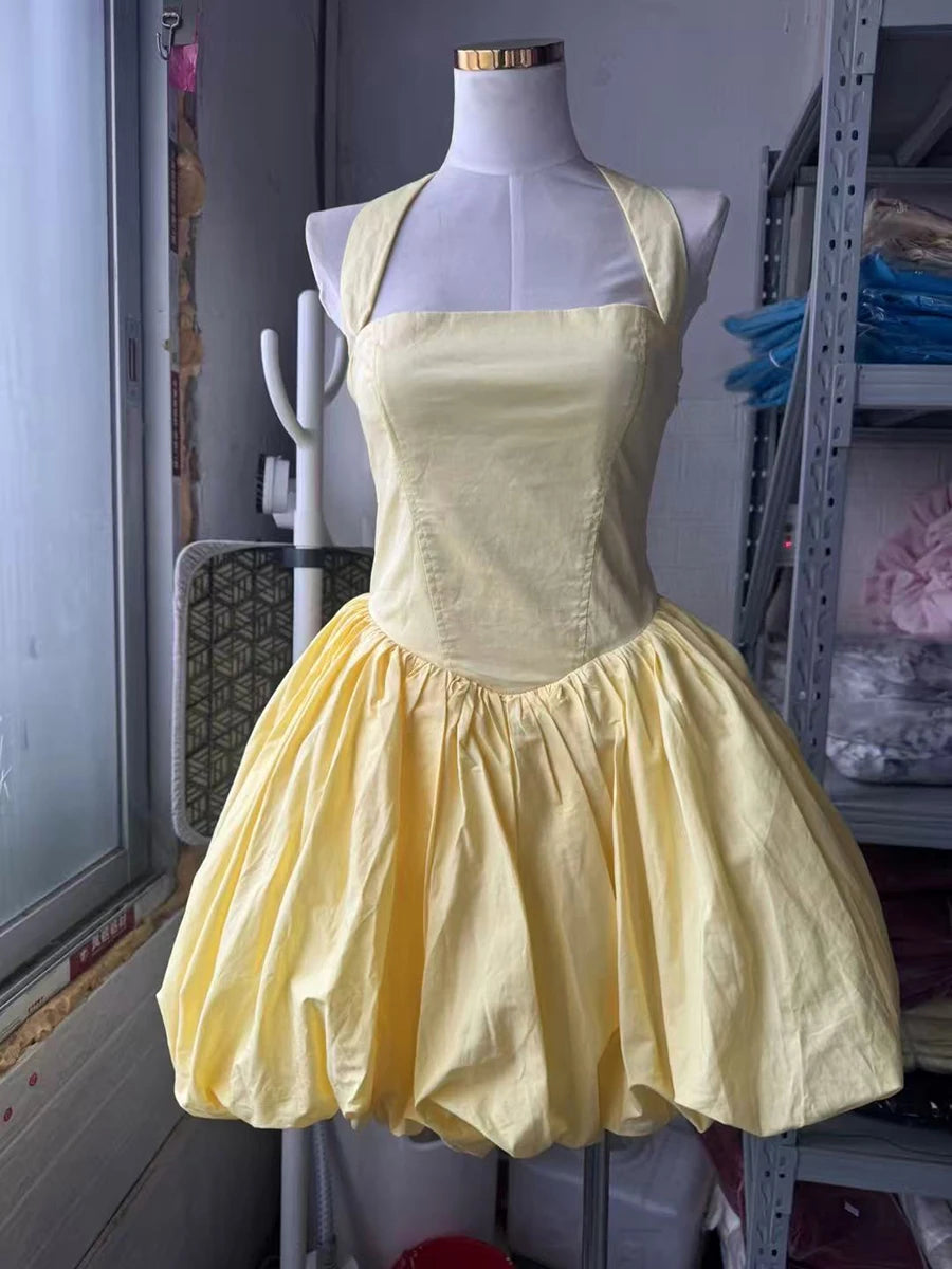 VGH Sexy Temperament Tunic Ball Gown for Women Halter Sleeveless Patchwork Lace Up Short Prom Dresses Female Clothing Fashion