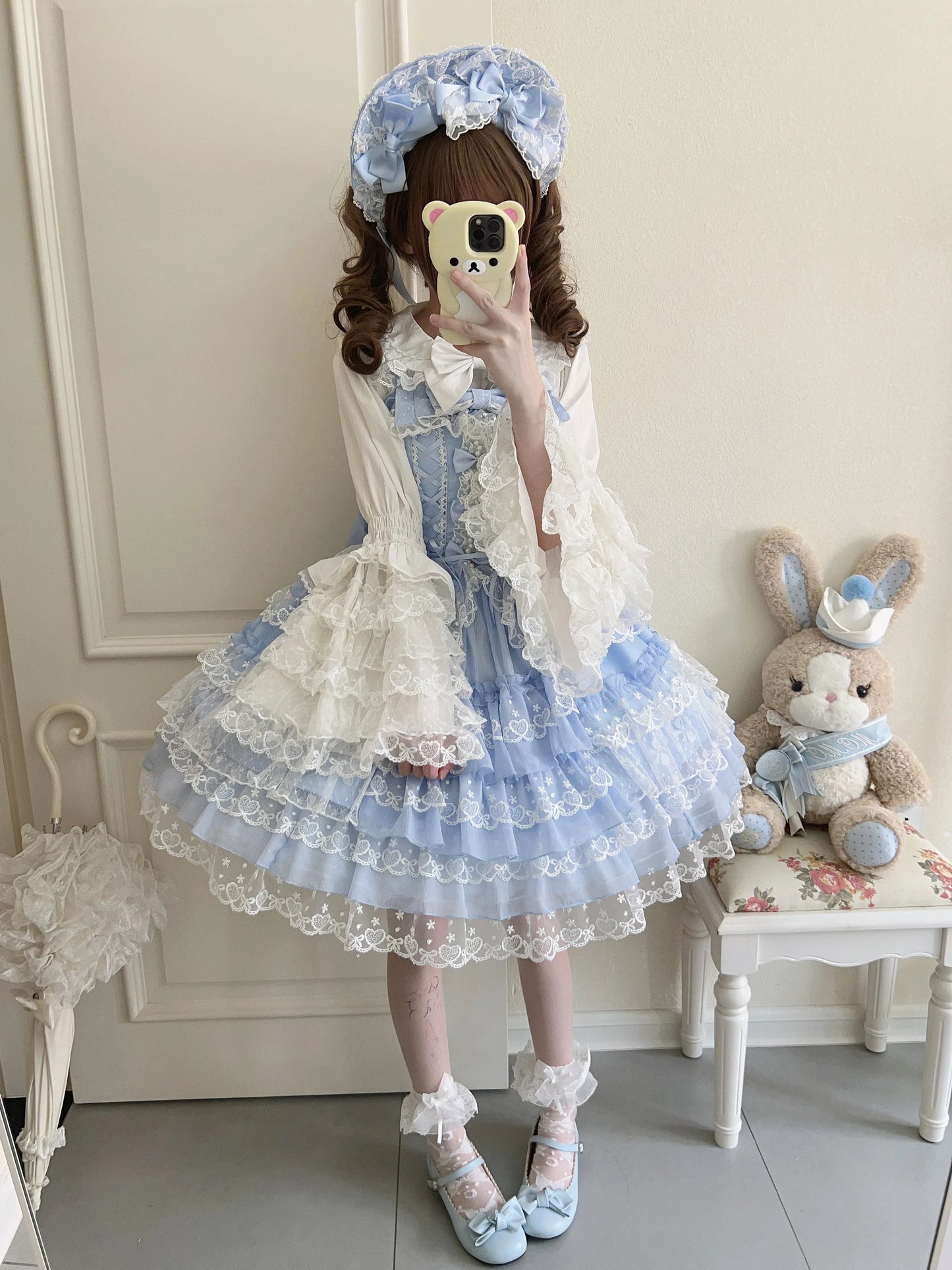 Original Design Lolita Jsk Suspender Dress Sweet Girl Women's Long Sleeve Inner Shirt Cute Princess Sling Cake Dress with Cape