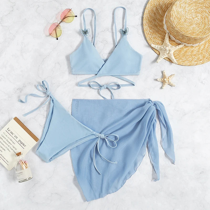 2025 3Pack Bikinis Beach Skirt Tunics for Beach Cover up Swimwear Crossed Back Swimsuit Mesh Bathing Suit Summer