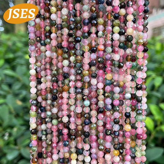 Natural Colorful Tourmaline Faceted Beads Round Loose Spacer Beads for Jewelry Making 3/3.5mm Bracelet DIY Accessories Charms