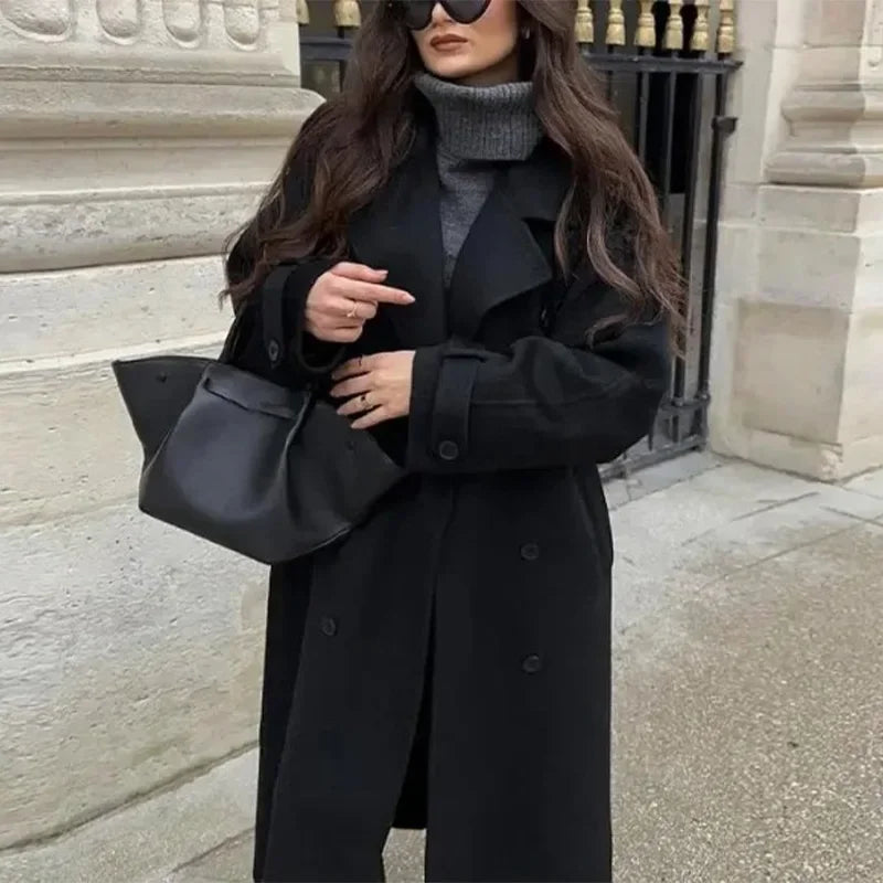 Elegant Woolen Long Coats Women Double-breasted Turn-down Collar Full Sleeves Jackets 2025 Autumn Winter Fashion Outwears Lady