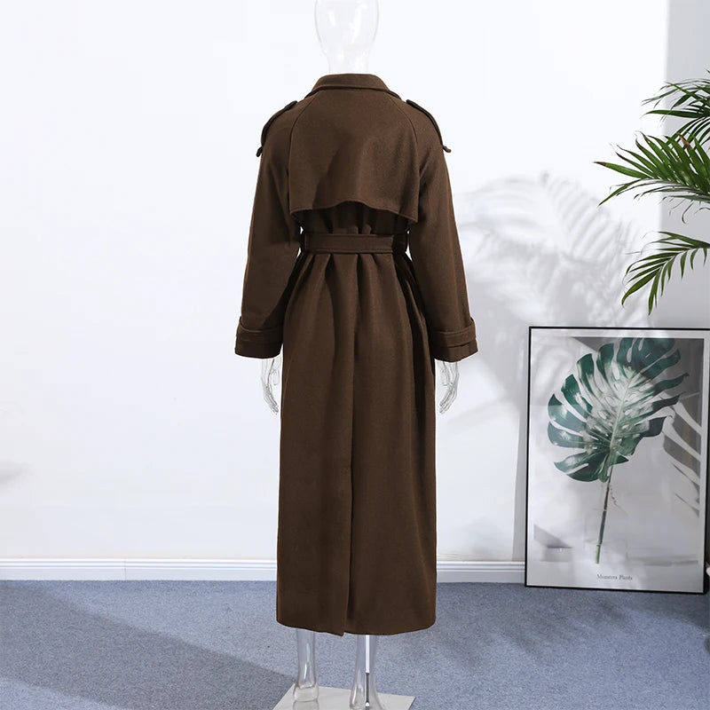 Elegant Woolen Long Coats Women Double-breasted Turn-down Collar Full Sleeves Jackets 2025 Autumn Winter Fashion Outwears Lady
