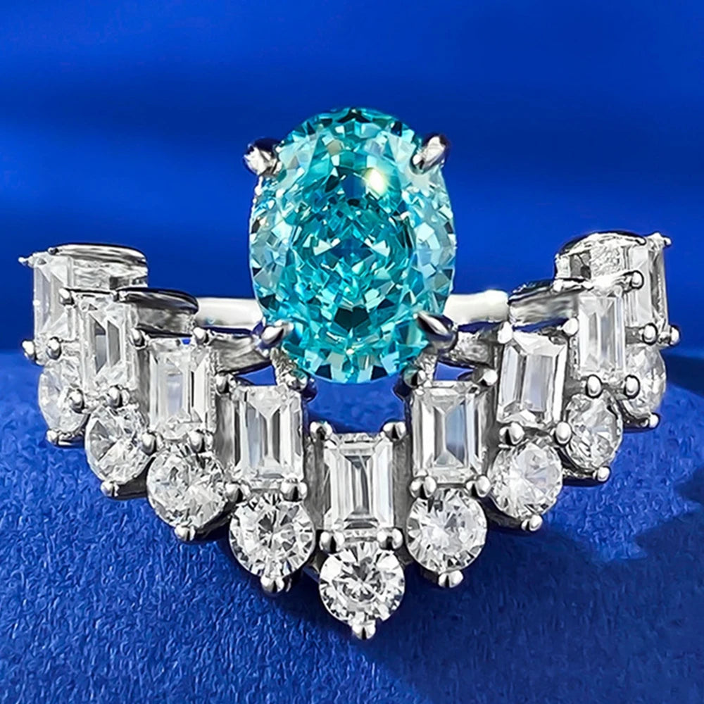 Wong Rain 100% 925 Sterling Silver 6*8 MM Oval Paraiba Tourmaline High Carbon Diamond Gemstone Ring For Women Engagement Jewelry