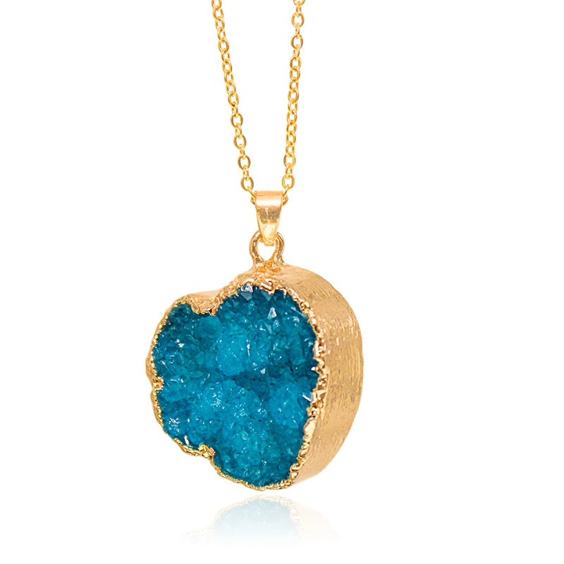 Heart Shaped Druzy Quartz Stone Necklace for Women Raw Crystal Cluster Reiki Healing Pendant Jewelry