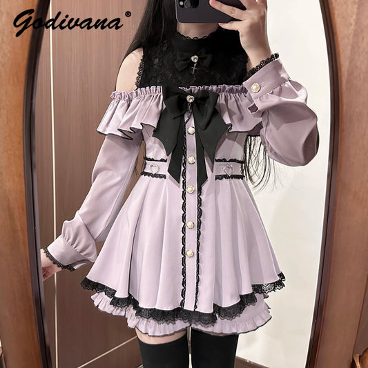 Japanese Mass-produced Off-the-shoulder Lace Splicing Long-sleeved Bow Shirt Dress and Shorts 2 Piece Dress Set Lolita Outfits