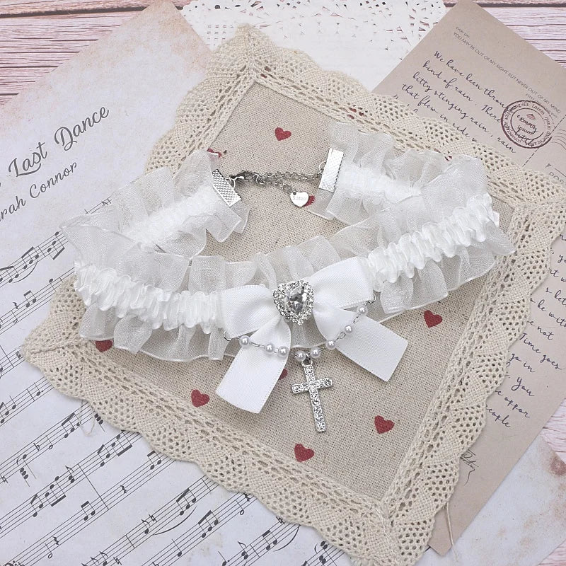 Black White Ruffled Lace Vintage Choker Lolita Punk Y2K Girl Necklace Fashion Chain Girl Cool Necklace for Women with Cross
