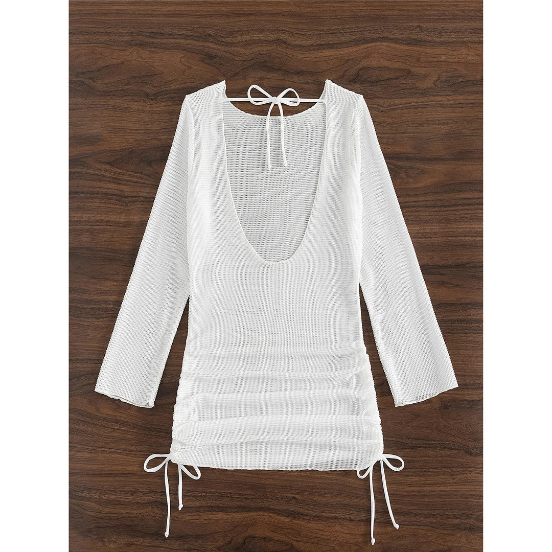 S - XL Long Sleeve Backless Crochet Knitted Tunic Beach Cover Up Cover-ups Beach Dress Beach Wear Beachwear Female Women V5038