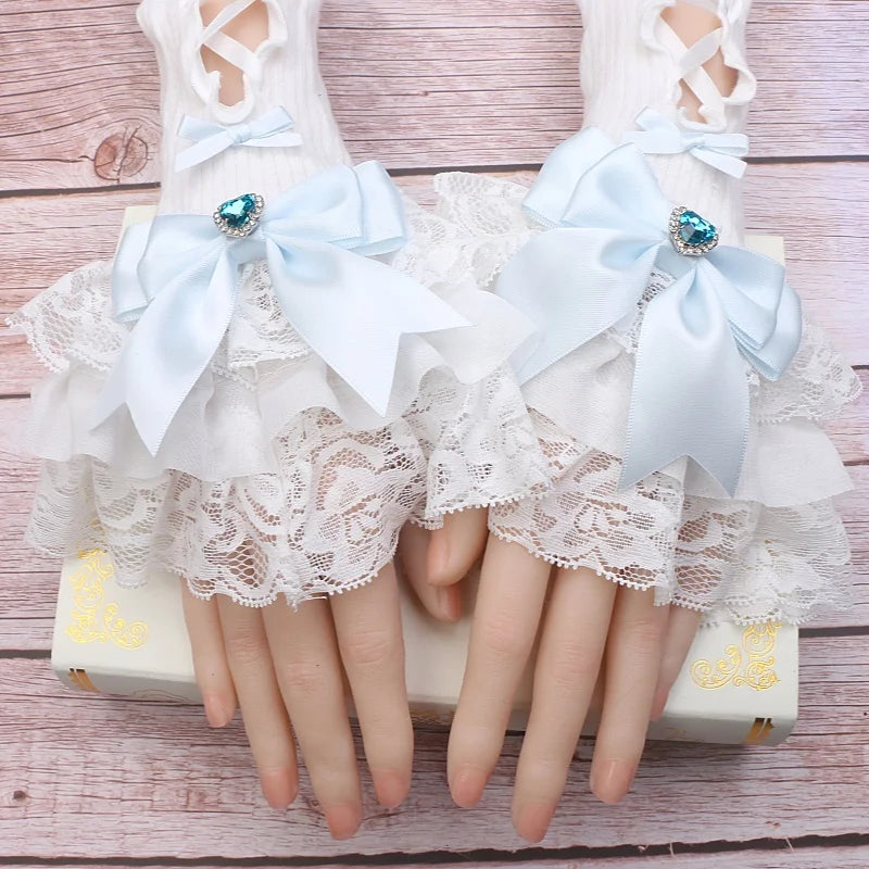 Handmade Sweet Women's Lolita Mine Lace Bow Rhinestone Oversleeves Girls Japanese Style Lace Sleeves Mittens