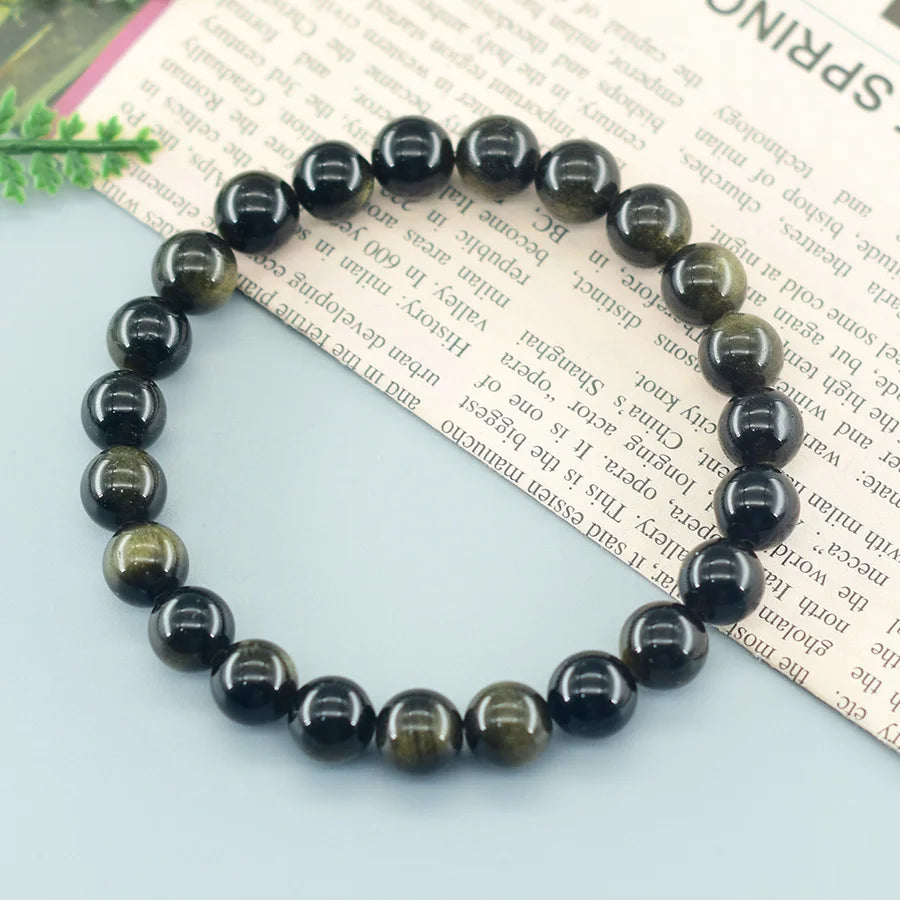 Natural Golden Obsidian Stone Beads Bracelet Men Women Golden Light Rainbow Obsidian Tourmaline Wealth Money Round Jewelry Gift