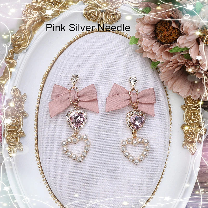Lolita  Earrings Accessories for Women Lo Style Kawaii Bow Heart Earrings Clip/Needle Cute Women's Rhinestone Pearl