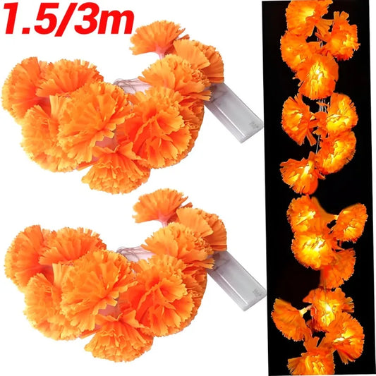 Marigold Flowers LED Light String Halloween Artificial Marigold Garland Battery Powered Lamp Halloween Outdoor Party Decorations