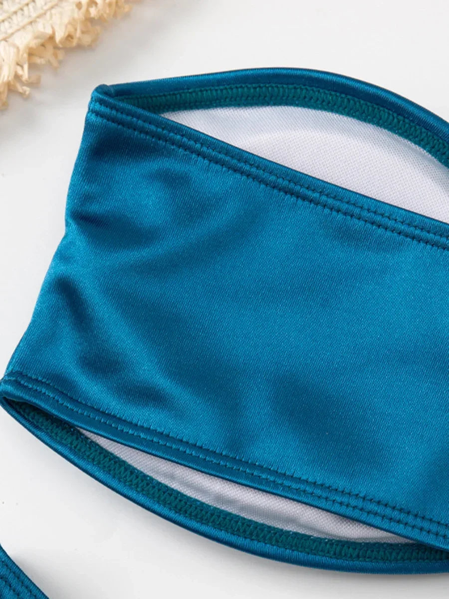 Shiny Bandeau Bikinis 2025 Strapless Bikini Female Swimsuit Women Swimwear Two-pieces Bikini Set High Cut Bathing Suit Swim Lady