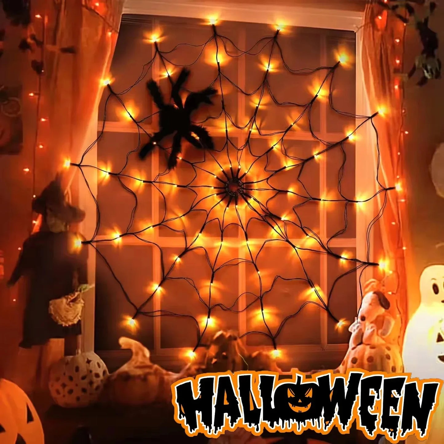 Halloween Window Decorations Purple Spider Web String Lights with 70 LEDs Battery Powered Remote Control 8 Modes for Party Decor