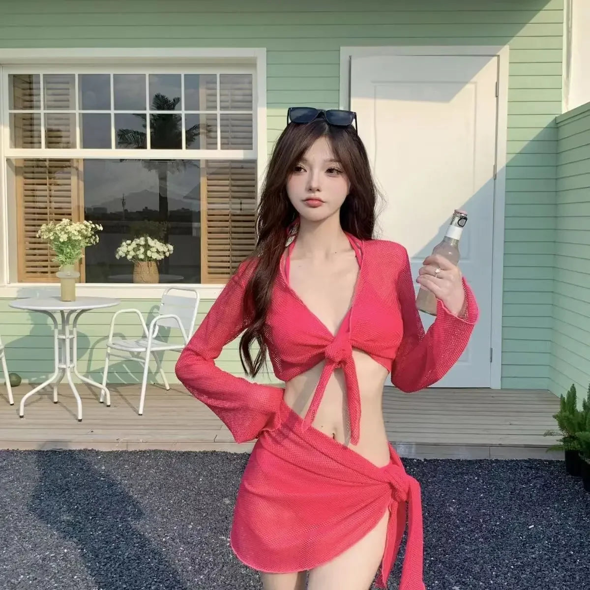 Sexy 4 Piece Lace Up Bikinis Set Women Swimsuit Solid Long Sleeve Cover Up with Skirt Swimwear New Push Up Bathing Suit Bikini