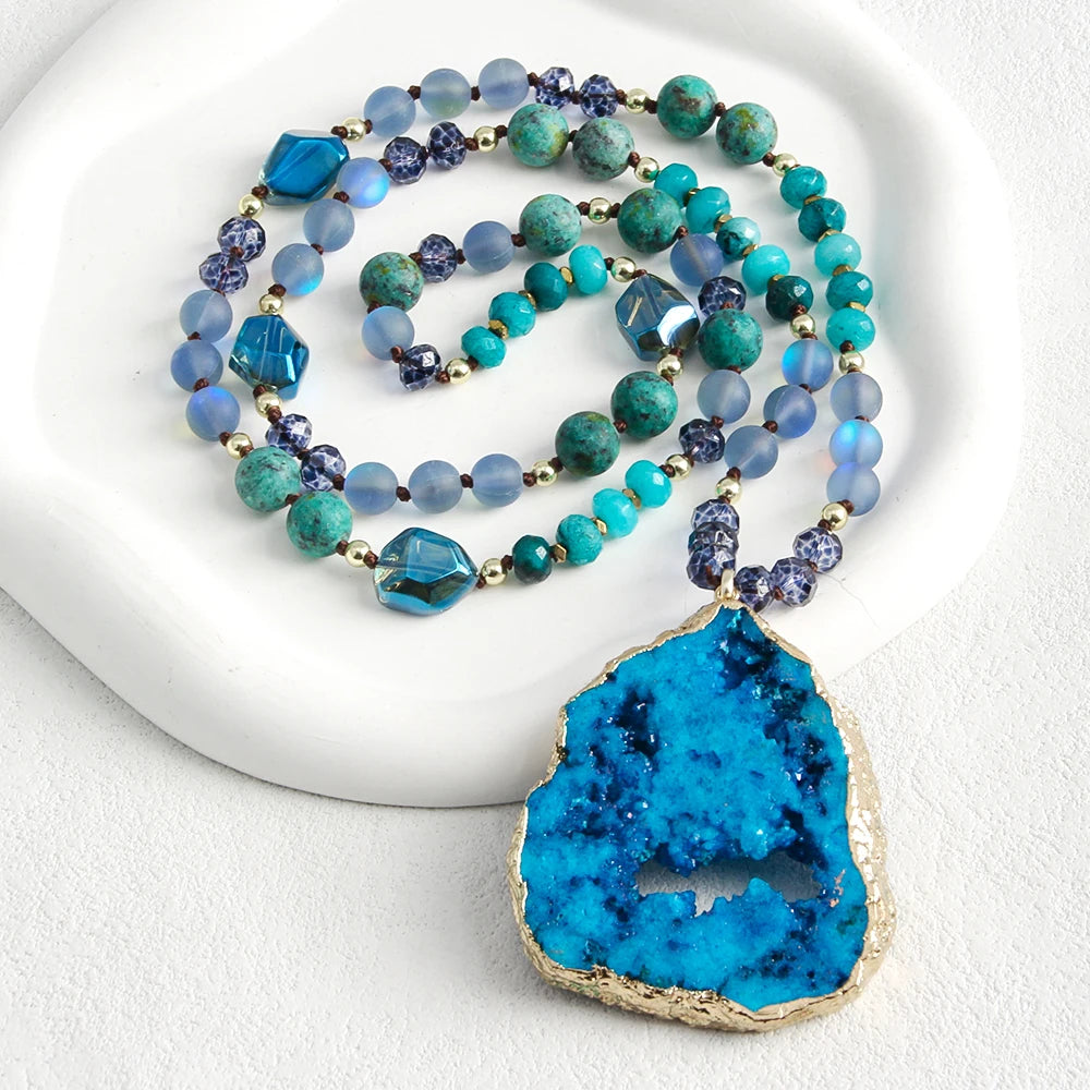 RH 2025 New Fashion Bohemian Style Natural Stone Glass Hematite Knotted Exaggerated Irregular Multicolor Druzy PendantNecklace